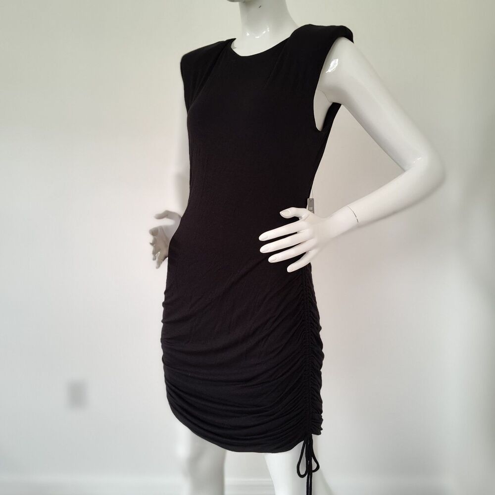 Express Gathered Drawstring Sides Ruched Black T Shirt Dress Shoulder Pads Club